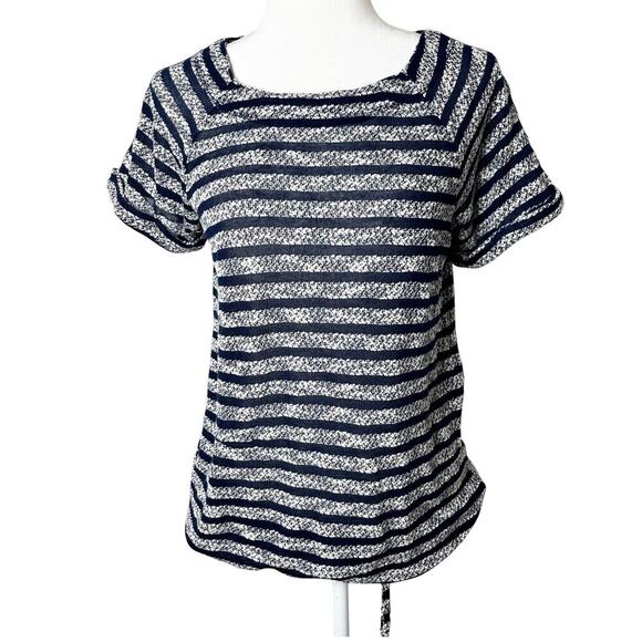 Limited Women's Knit Top S Blue & White Striped Drawstring Blouson Short Sleeve - Picture 1 of 11